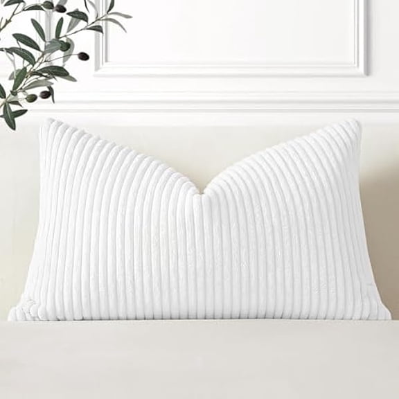 Eryueer Cozy Striped Corduroy Cushion Cover 30x50cm Super Soft Decorative Oblong Throw Pillow Covers Case for Sofa Couch Bedroom Car Decor 12 x 20 Inches, Pure White