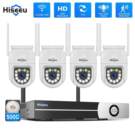Hiseeu 3MP Wireless Outdoor Security System,4 CCTV PTZ Cameras with 2.4G/5G WiFi,4K 10-Channel NVR,2-Way Audio, Color Night Vision, Human Detection,24/7 Surveillance-500GB HDD
