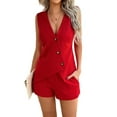 thumbnail image 2 of Women's Linen Shorts Set with Button Down Shirt Vest 2-Piece Summer Vacation Outfit Red S, 2 of 6