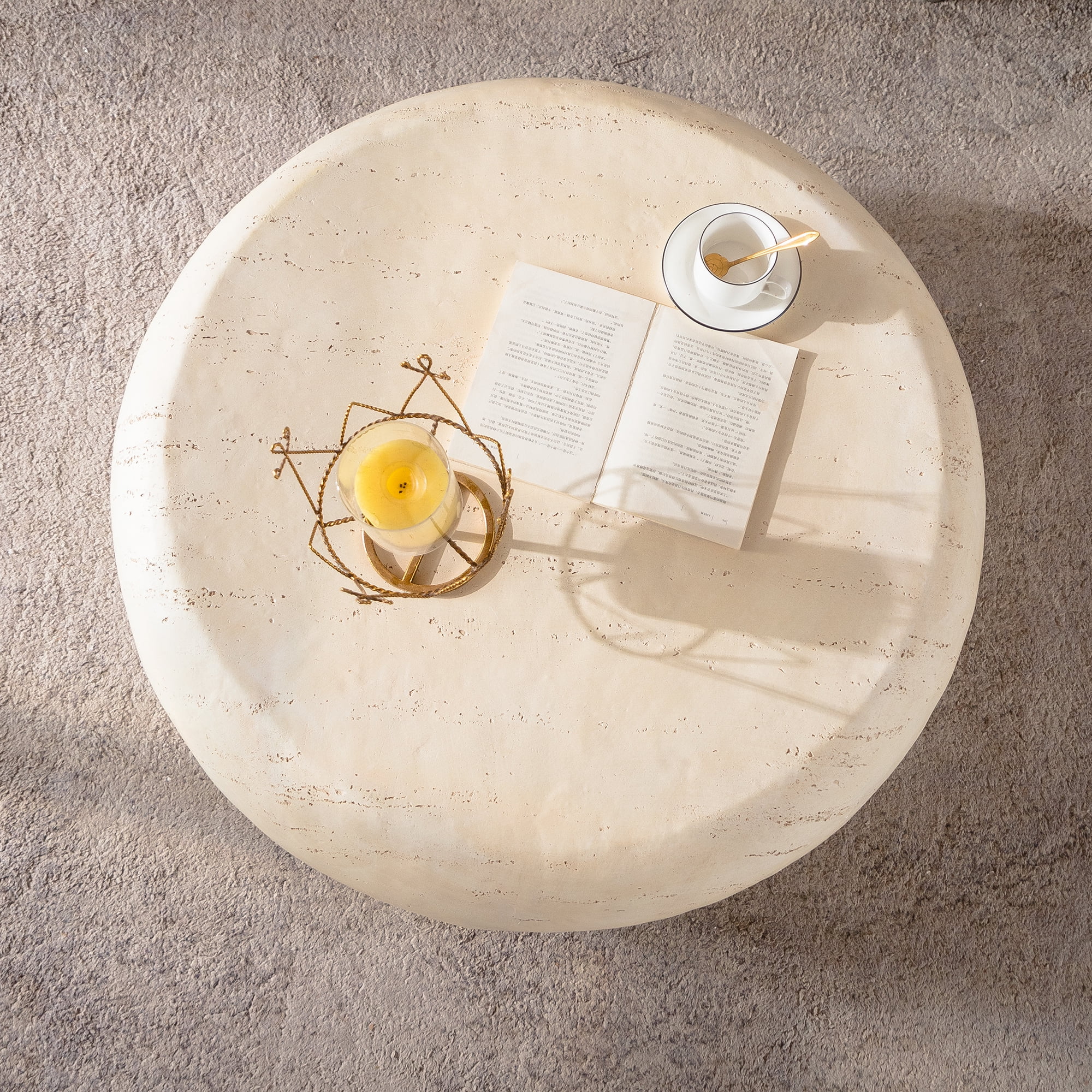 Leumius Mid-Century Round Centre Coffee Table Vintage Faux Stone Sofa Pre-Modern Coffee Tables Beige Coffee Table for Living Room Office Apartment & Outdoor Home Decor
