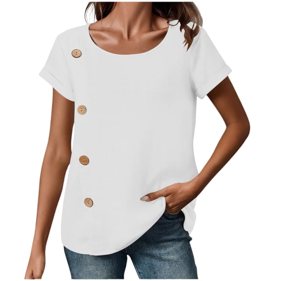 hotojiny Womens Tops Lightweight Short Sleeve Loose Blouses Scoop Neck Fashion Work Office Trendy Clothing with Buttons