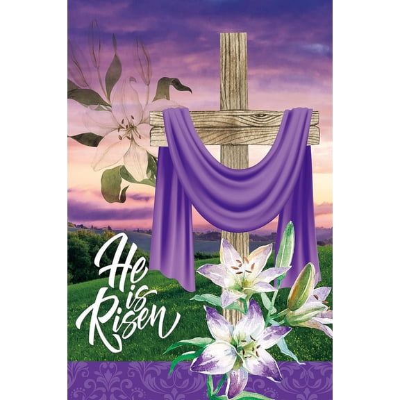 He is Risen Religious Cross Lilies Decoration Easter Spring Holiday House Flag Outdoor Yard Flag 28" x 40"