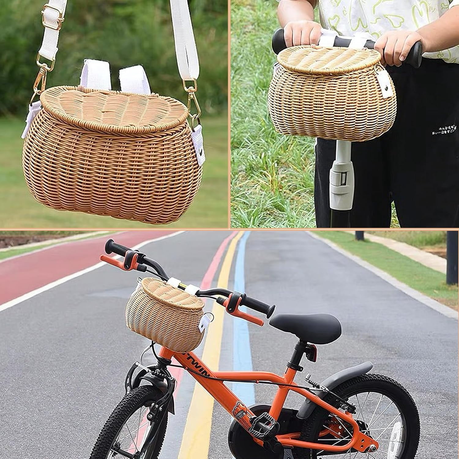 Wicker Kids Bike Basket: Detachable Bike Basket Front with Lid & Adjustable Straps, Finely Hand-Woven Basket Backpack, Rattan Storage Bicycle Basket, Scooter Tricycle Basket