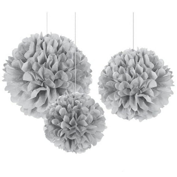 Silver Fluffy Pom Pom Decorations (3ct)*