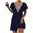 thumbnail image 1 of KIHOUT Robes d'Été pour Femmes, Mode Dames Été Solide Décontracté Col en V Manches Courtes Vacances Robe en Dentelle Bleu Foncé L, 1 of 7