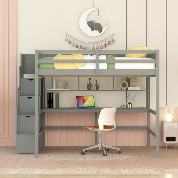 Noble House Full Size Loft Bed with Built-in Desk, Bookshelves and Storage Staircase, Pine Wood Frame, Grey