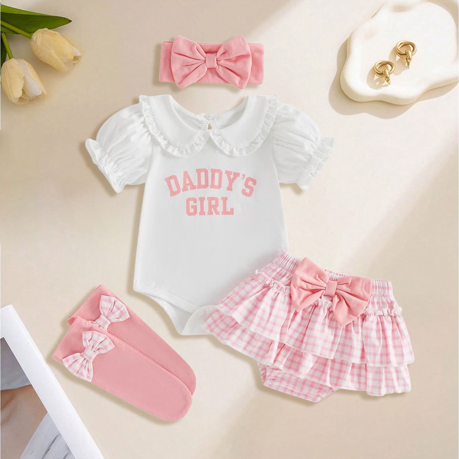 UngA Newborn Baby Girls Clothes Summer Daddys Girl Outfit Romper+Bloomers Tutu Skirt+Socks+Headband 4Pcs Infant Girl Outfits 3-6 Months,White