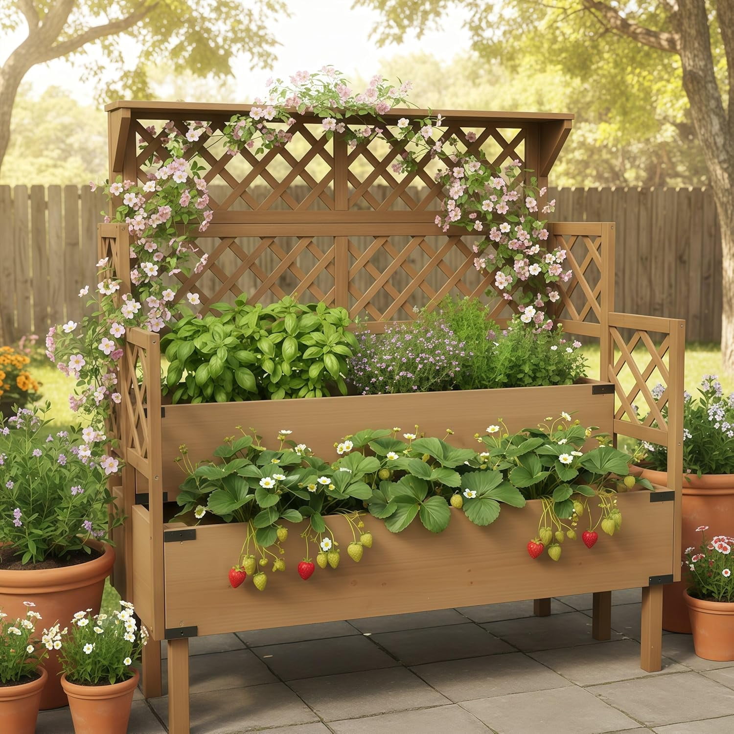 PETSCOSSET Raised Garden Bed with Trellis & Top Shelf, Outdoor Elevated Planter Box for  Plants, Vegetables, Herbs
