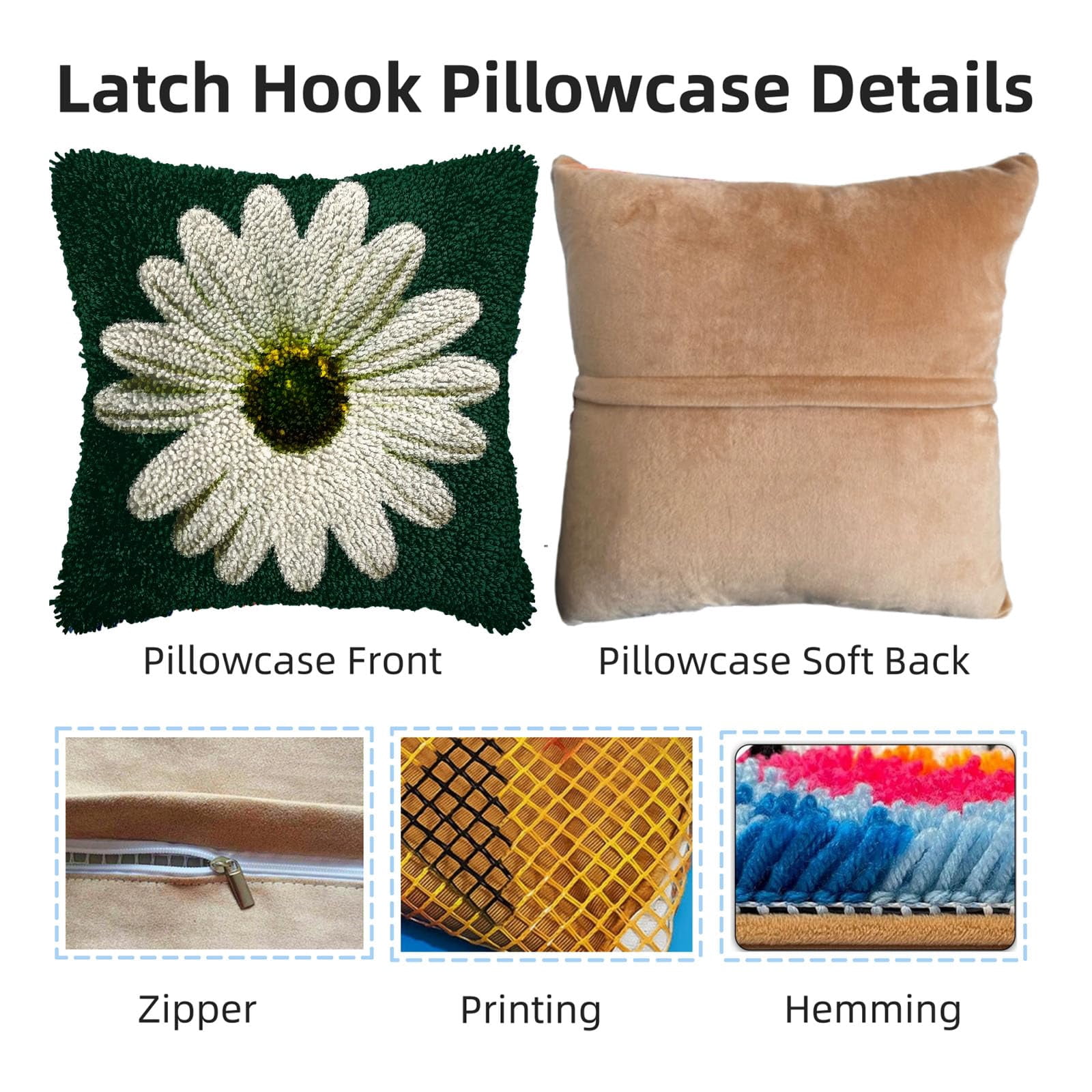 A White Daisu in Green DIY Latch Hook Pillow Kits for Adults Printed Pillowcase Crochet Yarns Hooking Handmade Pillow Cover Cushion for Home Sofa Decoration 17x17inch