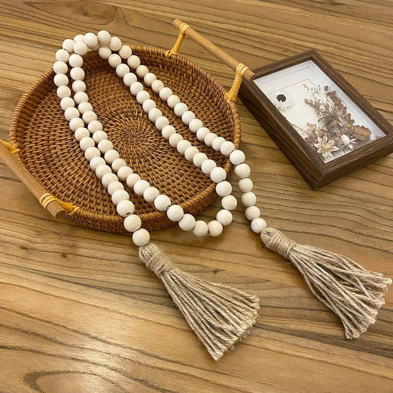 58in Wood Bead Garland With Tassels,farmhouse Beads Rustic Country Decor  Prayer Boho Beads Wall Hanging Decoration