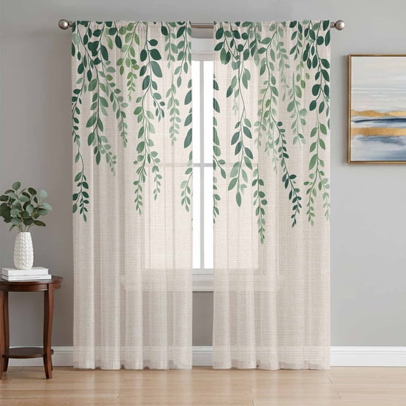 Green Leaves Sheer Curtains 72 Inch Length 2 Panels Set, Vintage Watercolor Farmhouse Vines Plants Voile Window Treatment Rod Pocket Curtains Sheers Drapes for Bedroom/Living Room/Kitchen 52"x72"x2