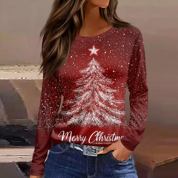 Craaazy Christmas Shirts for Women Long Sleeve Crewneck Blouses Christmas Prints Christmas Tree Printed Tshirts Casual Loose Fit Blouses Tops Gifts For Women