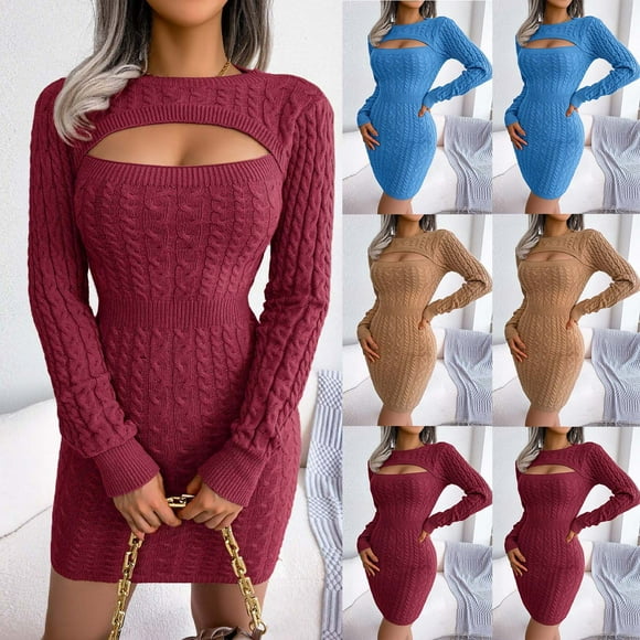 Meichang Bodycon Cable Knit Sweater Dress for Women Cutout Front Long Sleeve Pencil Short Dresses Fall Slim Fit Party Mini Dresses