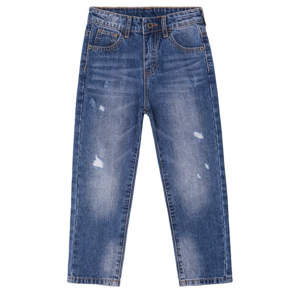 KIDSCOOL SPACE Big Boys Jeans,Elastic Band Inside Ripped Straight Line Denim Pants,Deep Blue,8-9 Years