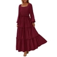 thumbnail image 1 of Vestido PRETTYGARDEN de Manga Larga con Fruncido y Escote Cuadrado en Rojo Vino Talle S, 1 of 8