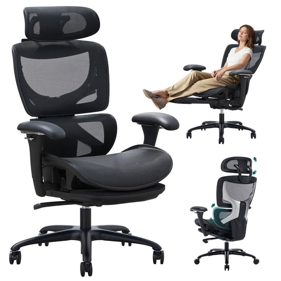 Ergonomic Office Chair - High Back Mesh with Adjustable Arms, Footrest, Lumbar Support and Tilt Lock for Home Office and Workspace, Black