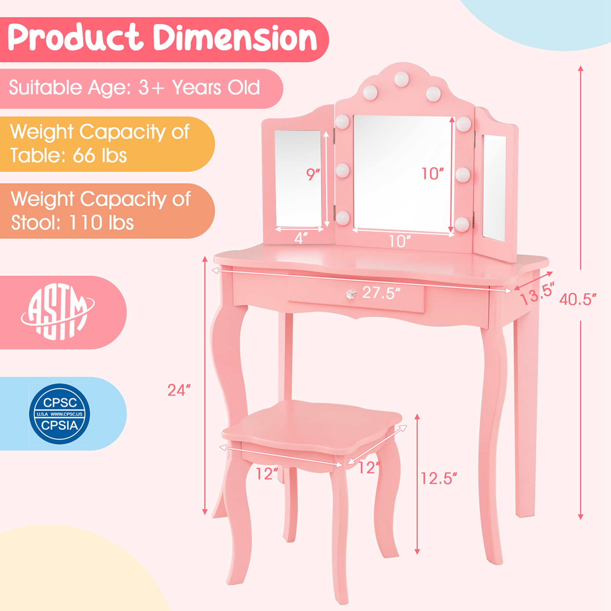 Costway Kid Vanity Table Stool Set Tri-Folding Mirror Adjustable 3-Color LED Lights Pink