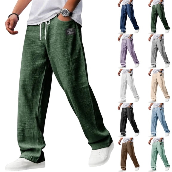 Mens Linen Cotton Pants Drawstring Waist Lightweight Loose Fit Straight Leg Casual Beach Travel Pants M