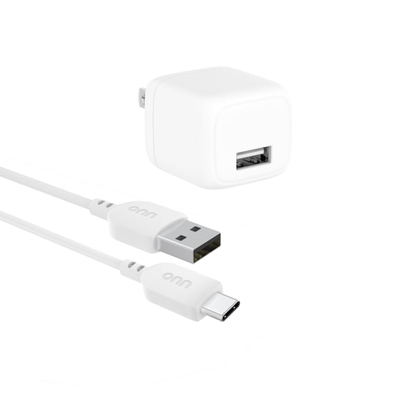 onn 12W Single USB-A Port Wall Charger with 3ft USB-C to USB Cable, Foldable Plug, White