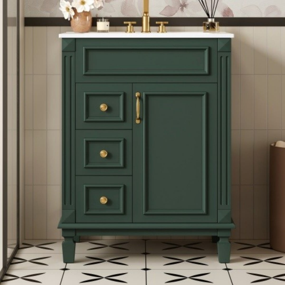 24" Bathroom Vanity with Ceramic Sink, Small Bathroom Vanity Cabinet with 2 Drawers, Adjustable Shelf, Soft-Close Door, Green