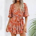thumbnail image 2 of Qcmgmg Womens Summer Short Flared Sleeve Romper V Neck Floral Print Jumpsuit Waist Tie Layer Ruffle Hem Dress Look Rompers Saffron L, 2 of 5