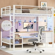 Full Over Twin Size Bunk Bed with Desk&Charging Station&LED Lights&Drawers&Storage Shelves, Full Over Twin Metal Loft Bed for Kids, No Box Spring Needed, White