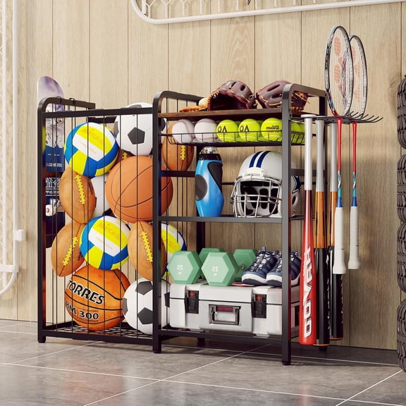 Garage Sports Equipment Organizer, Ball Storage for Gear and Toys, Large Capacity, Sports Organizer for Garage with Hooks and Baskets