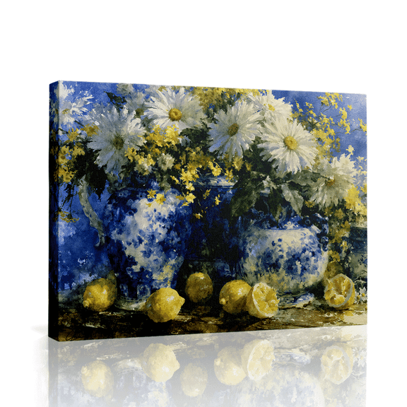 Topbout Art Blue White Vase Daisy French Country Canvas Wall Art Gallery Wrapped for Bedroom 12*8 inch