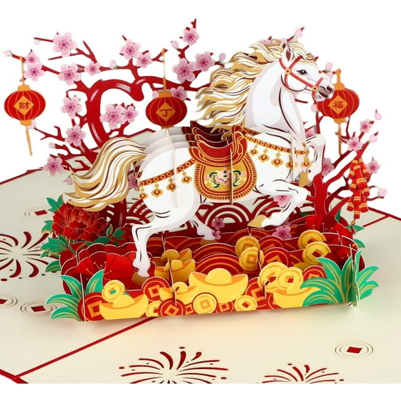 WaaHome 3D Pop Up Chinese New Year Card, Handmade Year of The Horse Greeting Card, 6x8 Inch Lunar New Year Gift for 2026, Spring Festival Card with Gold Foil