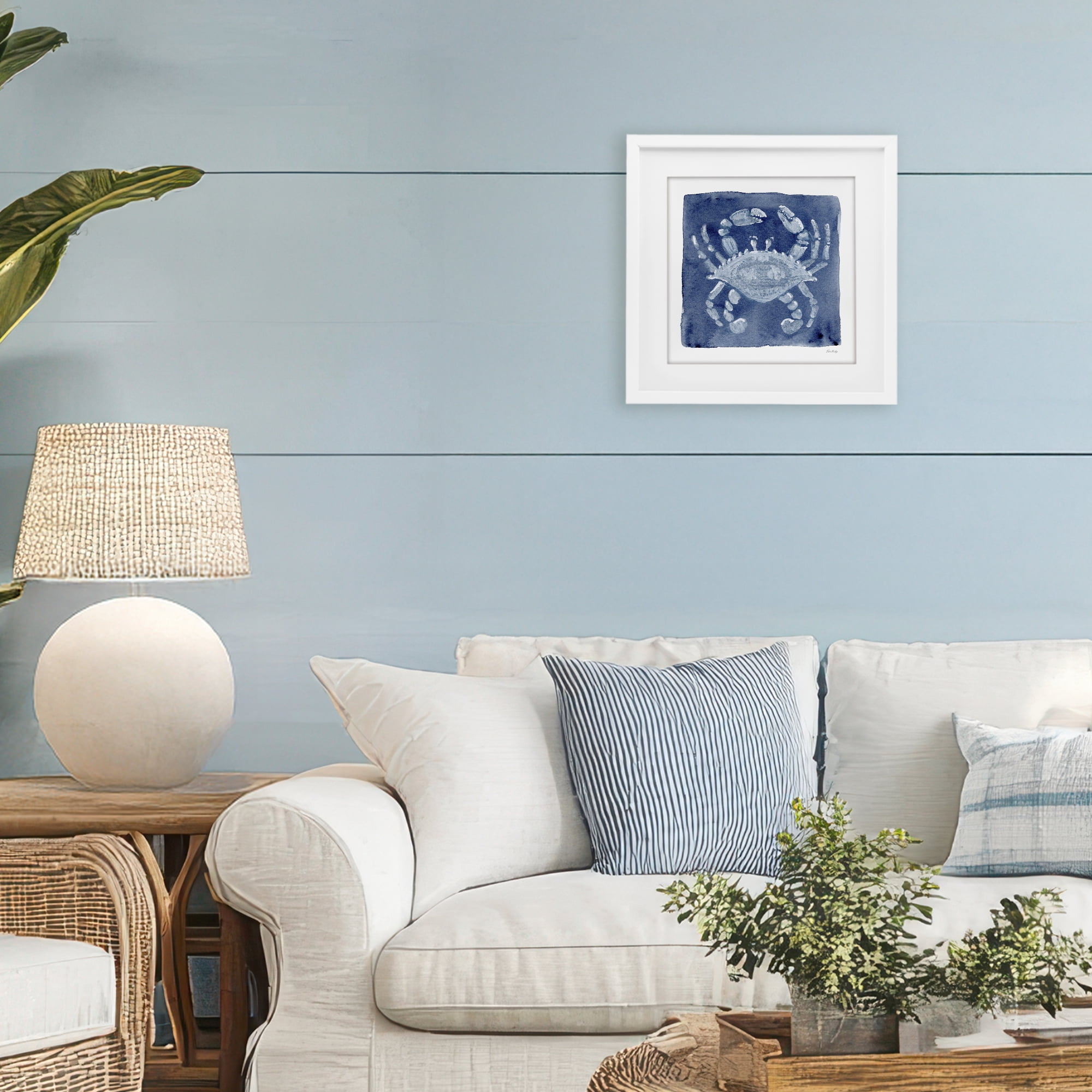 Stupell Industries White Crab on Indigo White Framed Print Under Glass, design by Patti Bishop