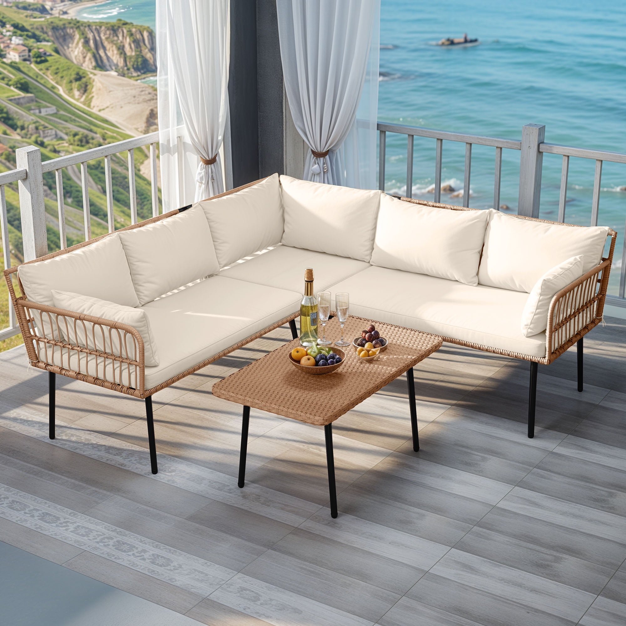 Uforic 4 Pieces Patio Conversation Set,Wicker Outdoor Furniture Set, All-Weather PE Rattan Sectional L-Shaped Sofa with Coffee Table - Beige