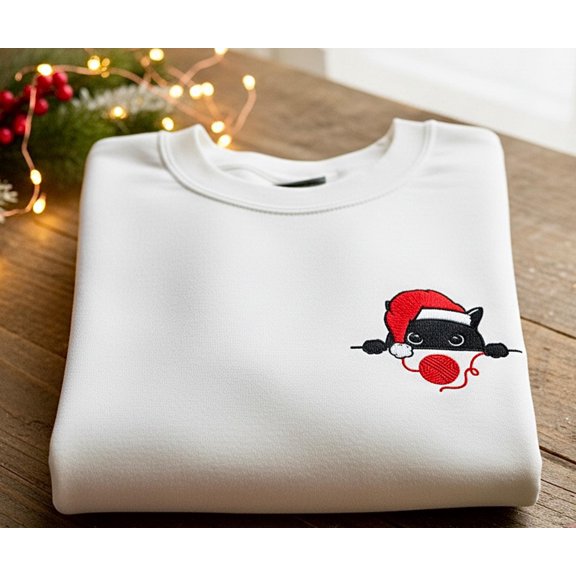 Christmas Black Cat Embroidered Sweatshirt, Funny Cat Mom Sweater, Cute Embroidered Cat Lover Gift, Cozy Holiday Hoodie, Kitten Christmas