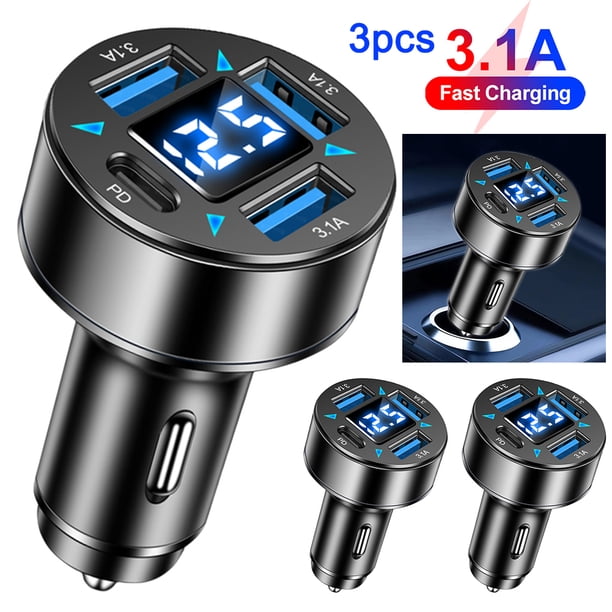 Cargador Coche 66 W Adaptador Corriente 4 Puertos para (3USB+1C) Azul