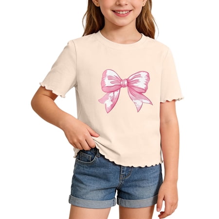 OSOLU Girls T-Shirts Casual Tops Bow Print Lace Trim Crew Neck Short Sleeve Everyday Wear Comfortable Breathable Playful Vacation Tees