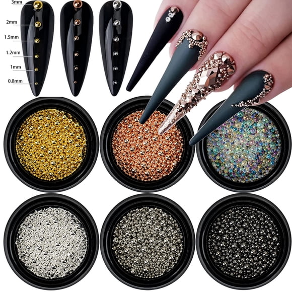6 cajas de cuentas para decoración de uñas, bolas de metal para decoración de uñas, cuentas de acero para decoración de uñas, oro, plata, oro rosa, cuentas de caviar para uñas, cuentas de burbujas par