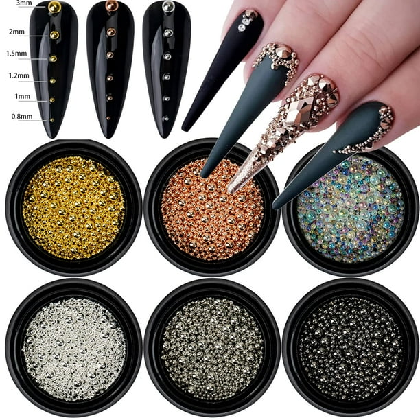 6 cajas de cuentas para decoración de uñas, bolas de metal para decoración de uñas, cuentas de acero para decoración de uñas, oro, plata, oro rosa, cuentas de caviar para uñas, cuentas de burbujas par