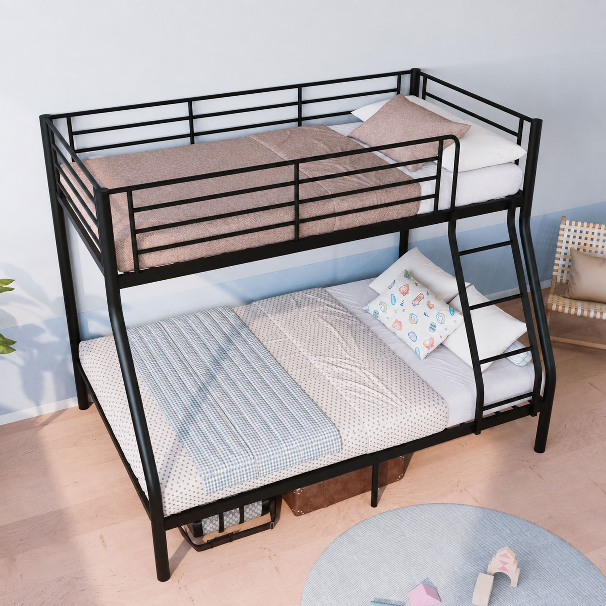 MAYEERTY Twin Over Full Heavy Duty Metal Bunk Bed, 990 lbs Capacity Frame with Guardrails for Kids Teens Adults Dorm Room, Black