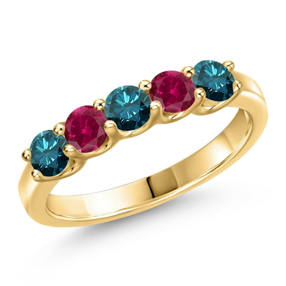 Gem Stone King 10K Yellow Gold Blue Diamond and Red Created Ruby Wedding-Bands Ring for Women | 0.95 Cttw | Round 3.5MM | Gemstone April Birthstone | Size 5