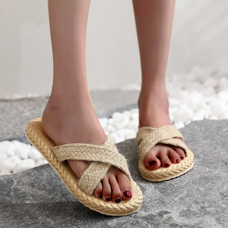 

PhoneSoap Spring And Summer Imitation Straw Woven Women Flat Sandals And Flip Flops Beach Slippers Grey