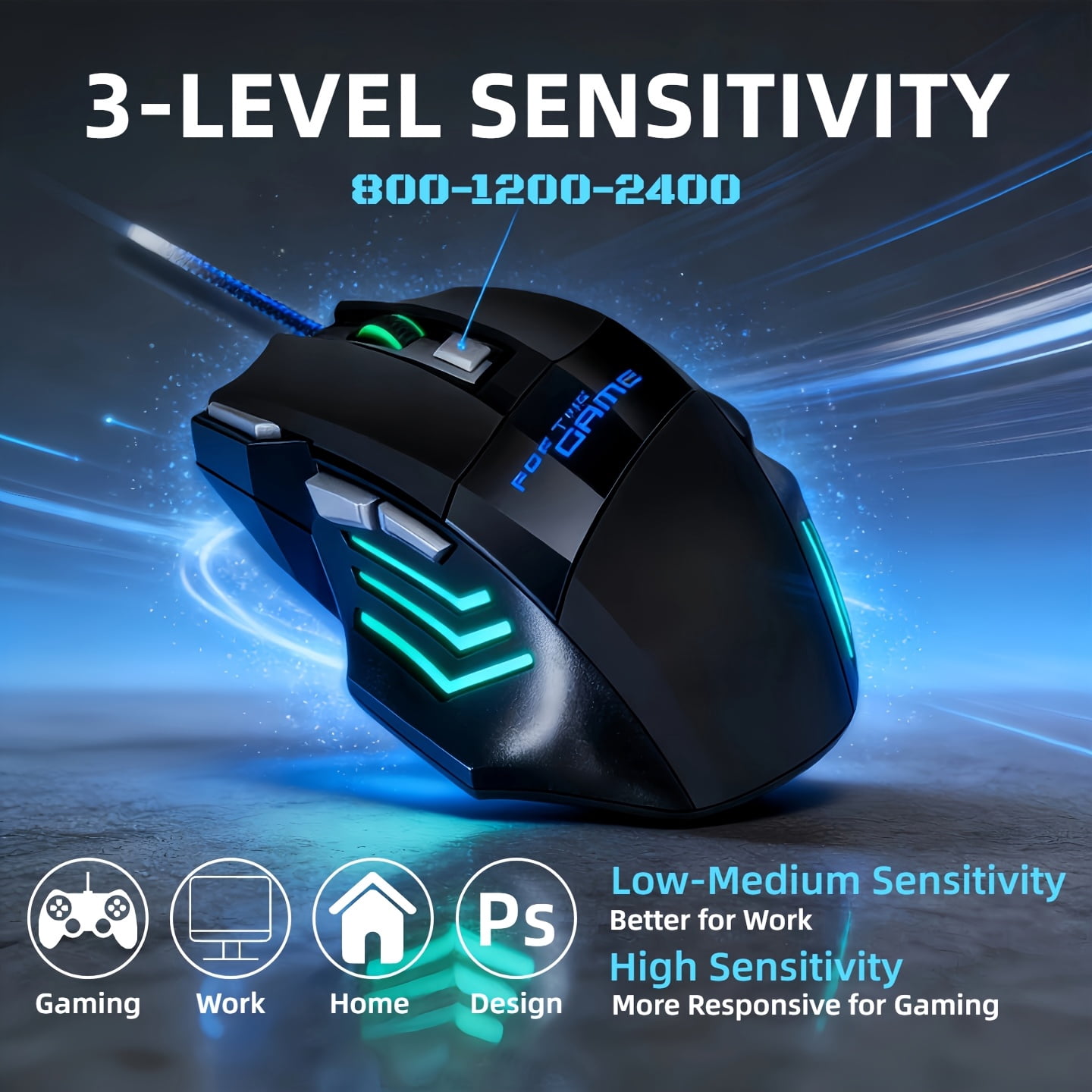 High-Performance Wired Gaming Mouse for PC/Laptop - Optical Sensor, Adjustable DPI, RGB Lighting, Metal Base, 6 Buttons, Ambidextrous Design, Driver Support for Esports & Office