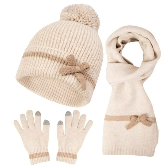 Xfvqtps Womens 3PCS Beanie Scarf and Thumb Hole Mittens Cute Plush Pompom Bowknot Simplicity Thickened Windproof Coldproof Warm Winter Beanie Scarf and Mittens Beige