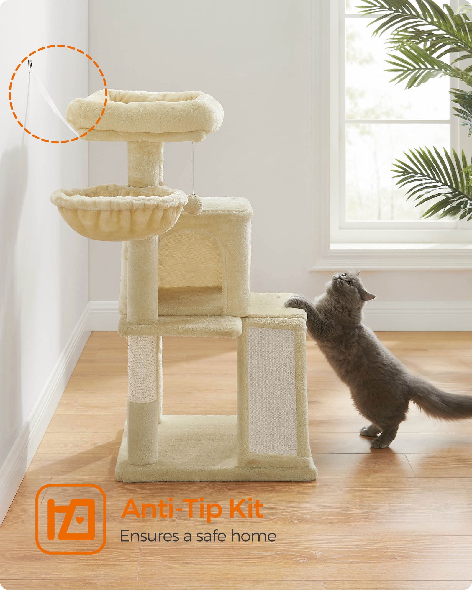 37.8 - Inch Multi - Level Small Cat Tree. Features widened perch for large cats & kittens. Beige color.