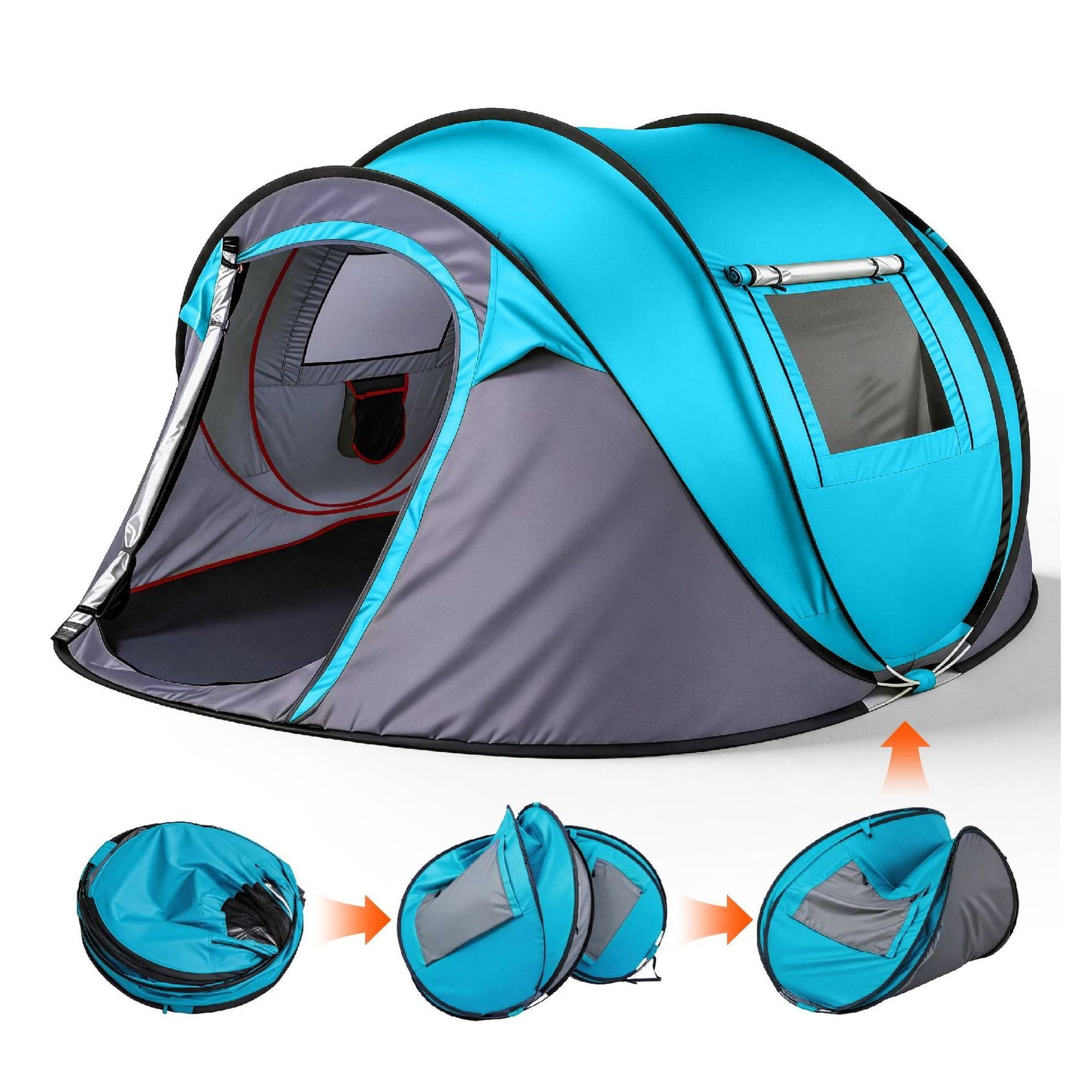4 Person Camping Tent Pop Up Instant Tent with Awning Waterproof Family Tent for Camping Automatic Tent Flip Pop Up Outdoor Tent - Blue