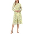 thumbnail image 1 of Vestido de mujer Inspire Chic con flores, cuello alto, volantes, mangas largas, fluido, de gasa, corte A, midi, amarillo, talla S, 1 of 6