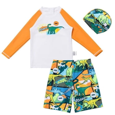NAFUU Toddler Boys Swimsuit Two Piece Long Sleeve Dinosaur Prints Rash Guard Swimwear For Kids Pool Swimming Beach Clothes For Boy Sizes 3-4 Years