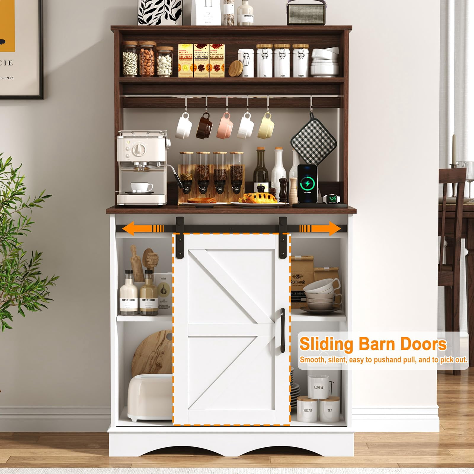 ChVans 55.1" H Farmhouse Coffee Bar Cabinet with Storage Hutch, Kitchen Wood Coffee Bar Station with Charging Station & 6 Hooks & Adjustable Shelf and Sliding Barn Door for Kitchen, Living Room