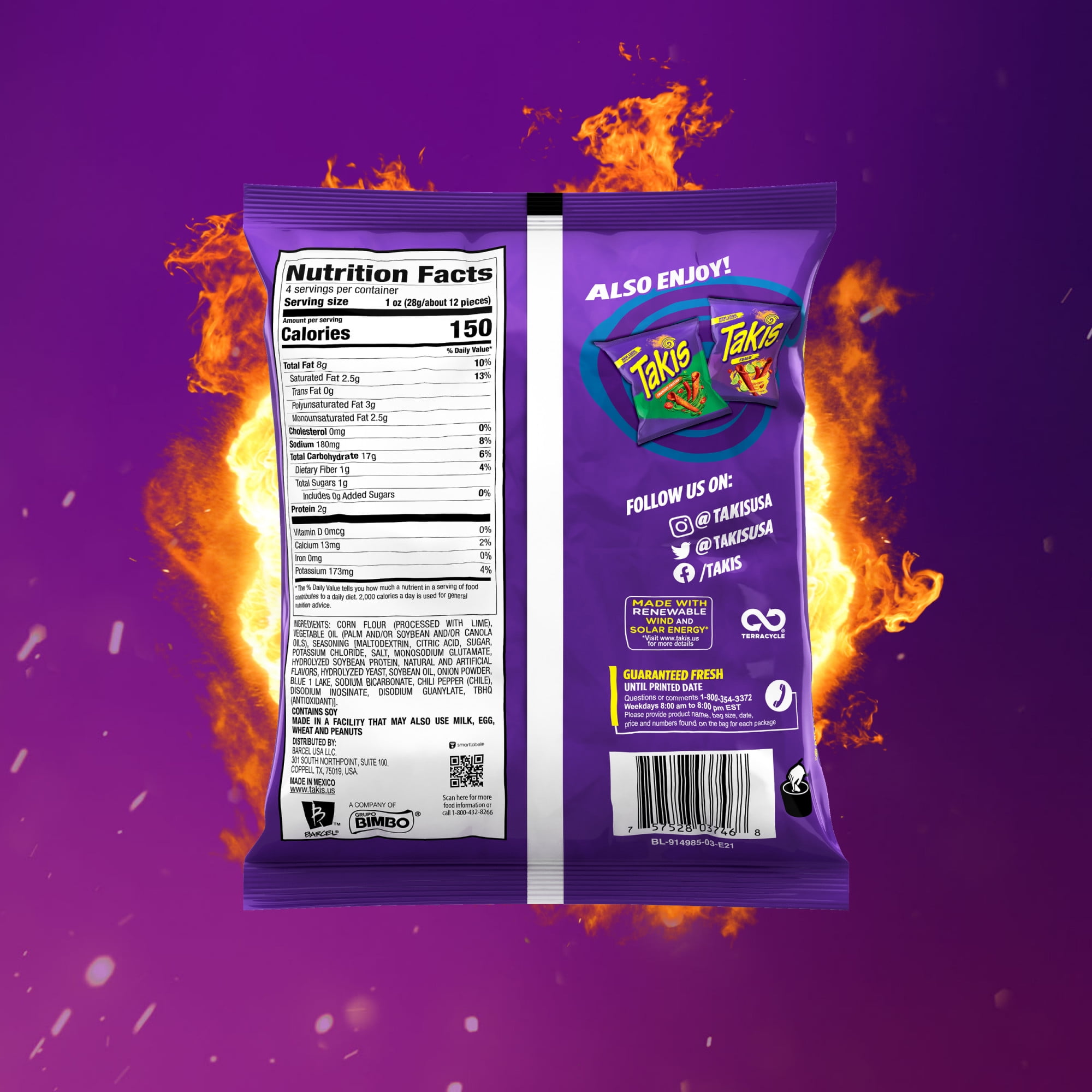 Takis Blue Heat 4 oz Snack Size Bag, Hot Chili Pepper Rolled Tortilla Chips