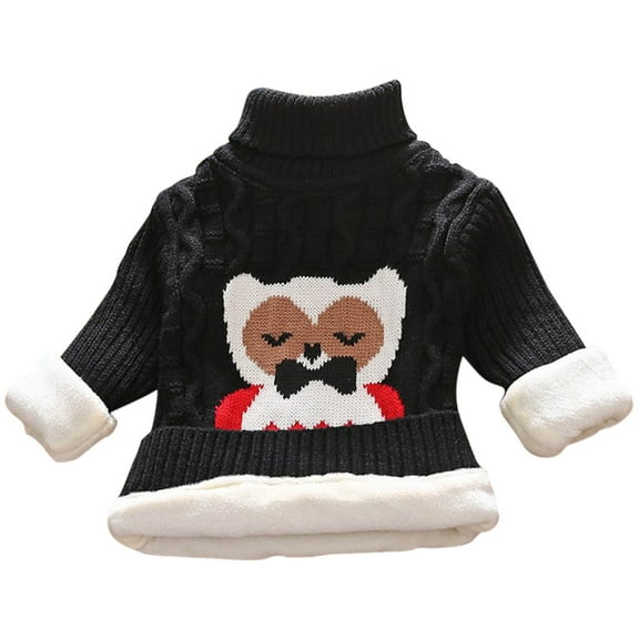 Odeerbi Toddler Boys Girls Fleece Lined Turtleneck Sweater Winter Thermal Cable Knit Sweater 1-12 Years Kids Owl Print Loose Velvet Sweater Long Sleeve Sweater Toddler Clothes Black