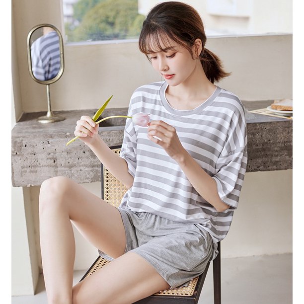 Ropa de dormir para mujer, pijamas sueltos de Modal, conjunto de dos piezas para mujer, pantalones cortos finos de manga corta para primavera y verano, traje con almohadilla para el pecho