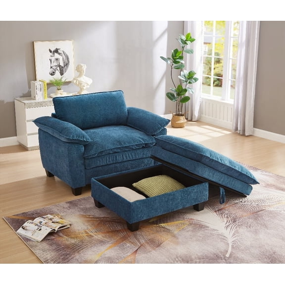 Modern Oversize Chaise Lounge Chair with Ottoman and Storage, 51" Blue Chenille